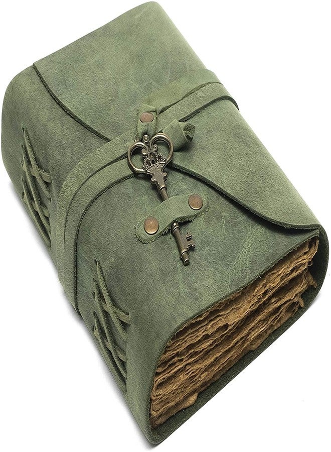 TUZECH Vintage Leather Journal - Handmade Deckle Edge Paper Notebook - Antique Leather Bound Sketchbook for Writing, Drawing, Book of Shadows & Gifts (7x5 Inches) (Green) - Image 1